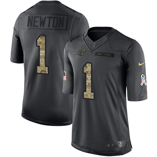 Nike Panthers #1 Cam Newton Black Men's Stitched NFL Limited 2016 Salute to Service Jersey - Click Image to Close